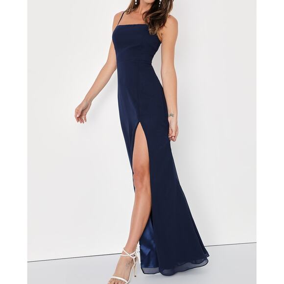 Lulus NWT Feeling Elegant Navy Blue Lace-Up Slit Chiffon Maxi Dress Medium - Picture 2 of 11